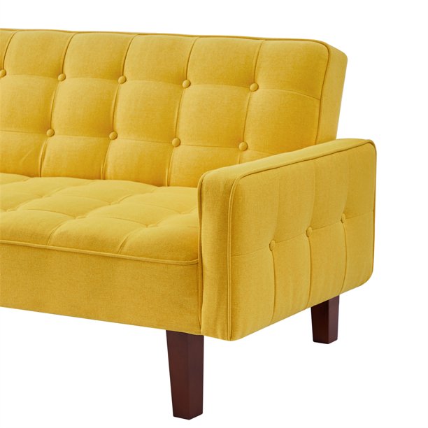 73.6" Upholstered Convertible Sofa Bed, Button Tufted Linen Fabric Sofa Couch with 4 Solid Wood Legs and 1 Plastic Center Leg, Sleeper Sofa Couch for Living Room, Bedroom and Office, Yellow