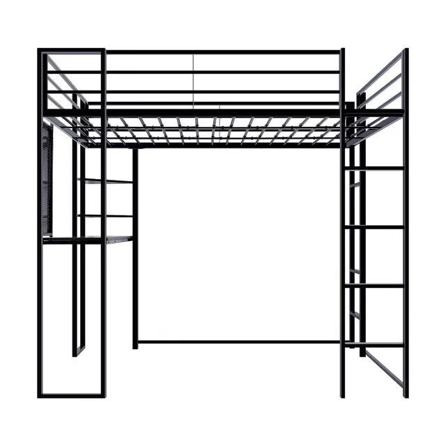 Full Size Loft Bed with 2 Built-in Ladders, Metal Loft Bed Frame, Multifunctional Loft Bed with Desk and Shelves, Space-Saving Bed Frame with Strong Board Slats, Hold up to 240lbs, Black