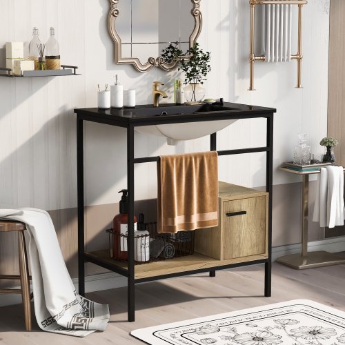 Bathroom Vanity with Single Sink, 30" Modern Bathroom Storge Cabinet with Door and Open Shelves, Freestanding Bathroom Sink Vanity Combo, Metal Frame, Easy Assemble, Black
