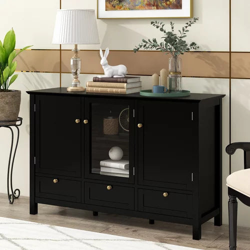44.9'' Accent Cabinet Table with Multiple Shelves, Modern Console Table Sideboard With 2 Doors and 3 Drawers, Storage Side Table for Entryway Hallway Living Room Dining Room, Black