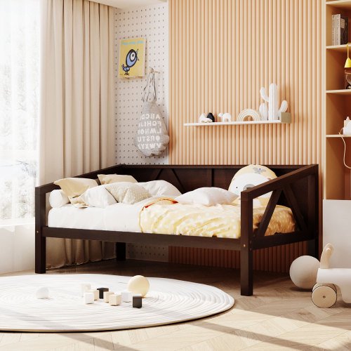 JINS & VICO Platform Bed, Twin Size Wood Daybed Frame with 8 Slats Support and Headboard, Sofa Bed Frame with Under Bed Storage for Bedroom Living Room, Easy Assembly, Espresso