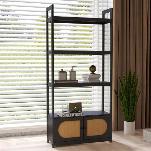 4 Tiers Bookshelf, Woven Cane Bookcase with Cabinet Office Wood Bookshelf Freestanding Open Display Shelf with 2 Doors Storage Cabinet Home Storage Rack for Living Room