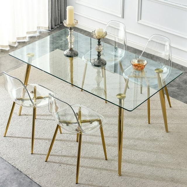 63" Glass Dining Table for 4-6 People, Modern Rectangular Glass Kitchen Table with Golden Legs, Small Dining Room Table for Living Room, 300lbs Capacity