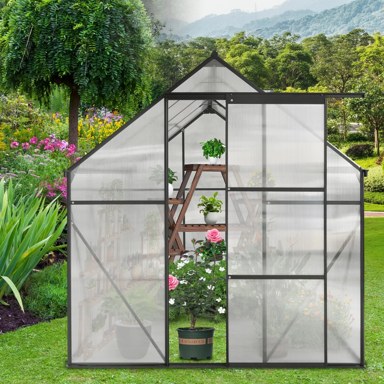6x8 FT Plant Greenhouse with Sliding Door,Walk-in Polycarbonate Greenhouse with Raised Base and Anchor Aluminum Heavy Duty Greenhouses Kits for Outdoor Backyard in All Season,Black