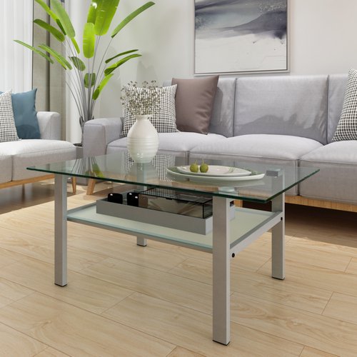 Rectangle Glass Coffee Table Upgraded Modern Glass Coffee Table for Living Room Transparent Center Glass Coffee Table with Metal Leg(Grey)