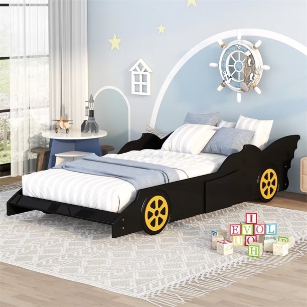 Twin Size Race Car-Shaped Platform Bed with Wheels, Wood Platform Bed with Wood Slats Support, Floor Bed for Kids Boys Girls, No Box Spring Required, Black+Yellow