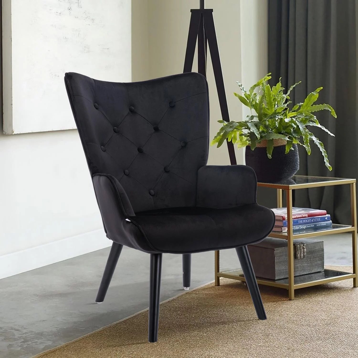 Velvet Tufted Button Accent Chair with Wood Legs, Upholstered Wingback Accent Chair for Living Room, Black