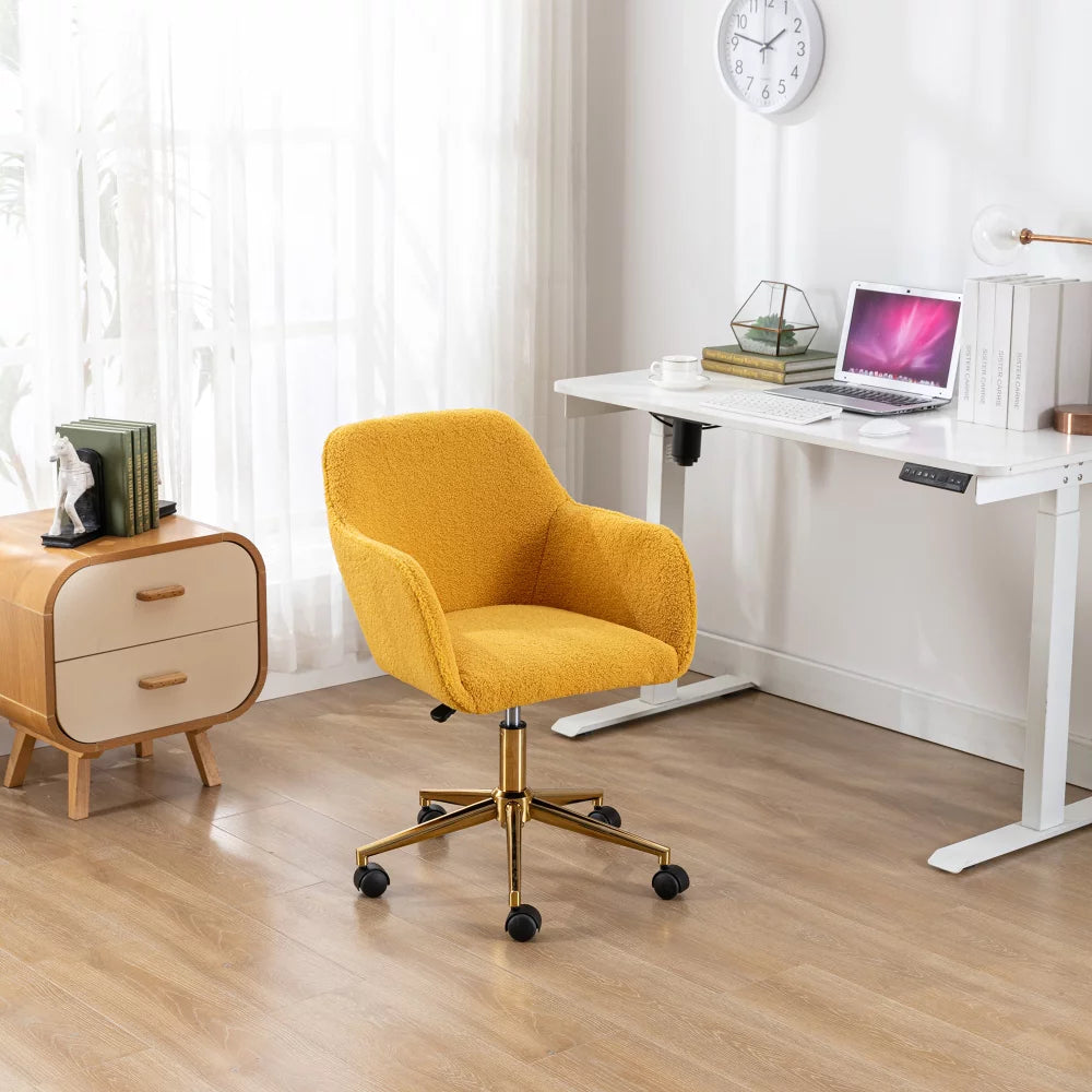 Home Office Chair, Modern Teddy Fabric Material Makeup Chair, Adjustable Height 360 Revolving Accent Chair with Rolling Wheels and Armrest for Living Room Bedroom Office Vanity, Yellow