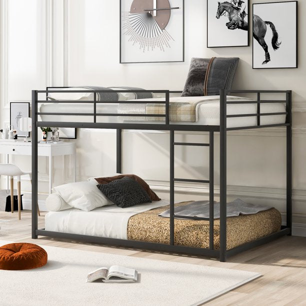 Full over Full Heavy-Duty Low Bunk Bed Frame, Stylish Metal Bunk Bed with Safety Guard Rails for Kids, Teens, Adults, Modern Low Bunk Bed with Comfortable Ladder, No Box Spring Required, Black