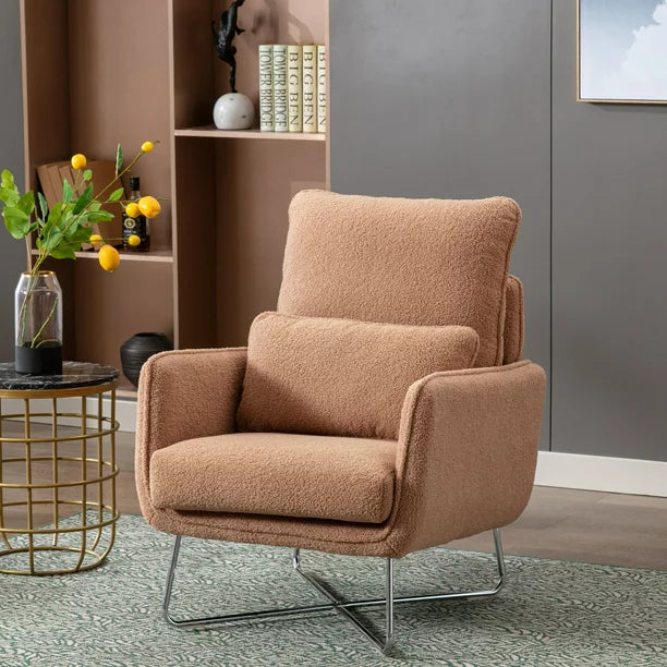 Modern Comfy Leisure Accent Chair, Teddy Short Plush Particle Velvet Armchair with Lumbar Pillow, Stable Metal Legs, for Living Room, Lounge, Espresso