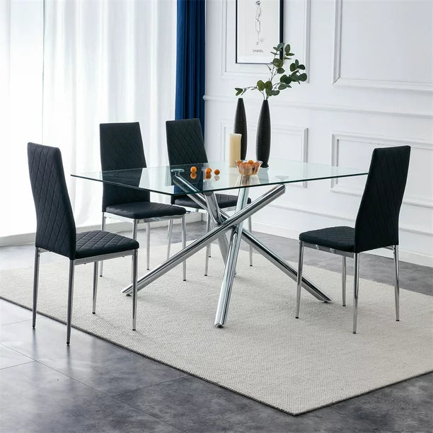 Dining Chairs Set of 4, Modern PU Leather Dining Chairs with Upholstered Cushion & High Back & Powder Coated Metal Legs & Diamond Pattern Seats, Accent Chairs Side Chairs for Dining Room Kitchen Black