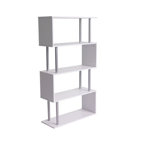 S-Shaped Bookshelf 4-Tier Geometric Bookcase, Free Standing Modern Storage Rack with Metal Frame Display, Shelf Room Divider Rack Shelf for Living Room Bedroom Office,4 Tier Bookshelf 4 Bookcase White