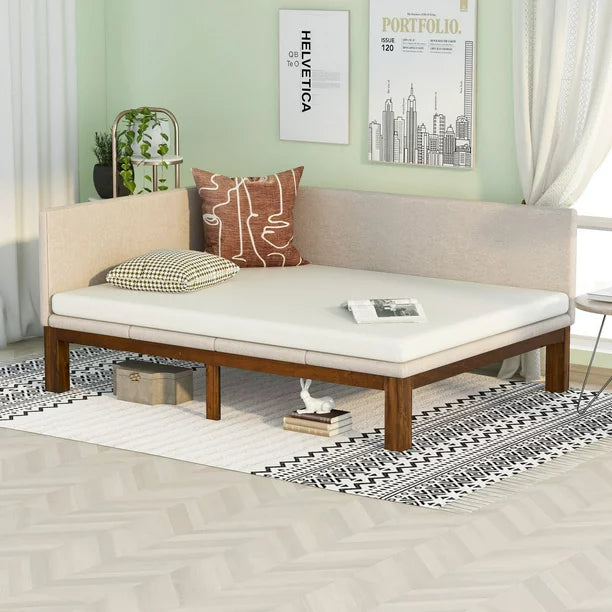 Full Size Daybed, Linen Fabric Upholstered Sofa Bed with Underbed Storage Space & Backrest, Sturdy Wood Daybed Frame for Bedroom, Living Room, Easy Assembly, Beige