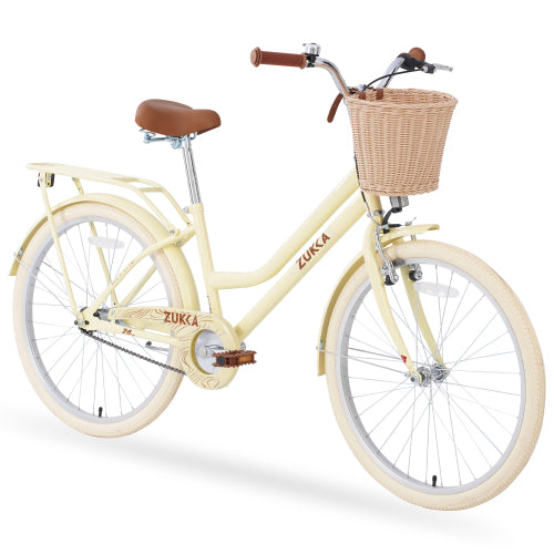 Kids Bike, 24 Inch Girls Bike with Basket, Kids' Bicycles with Handbrake & Kickstand for Ages 10+ Years, No Training Wheels, Yellow
