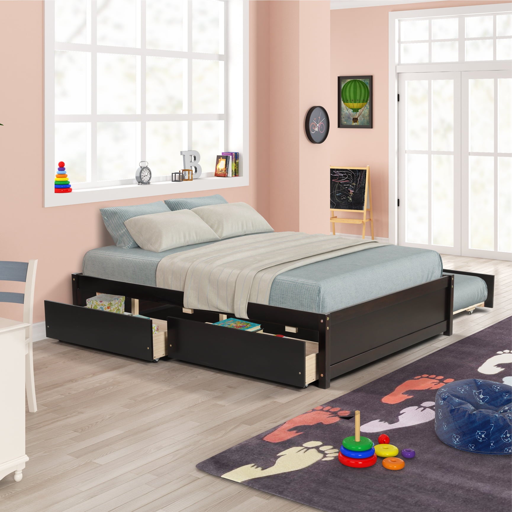 Wood Full Size Platform Bed with Twin Size Trundle and Two Storage Drawers, Upholstered Storage Platform Bed with Slat Support Space-Saving Full Size Bed for Boys, Girls, Kids, Teens and Adults