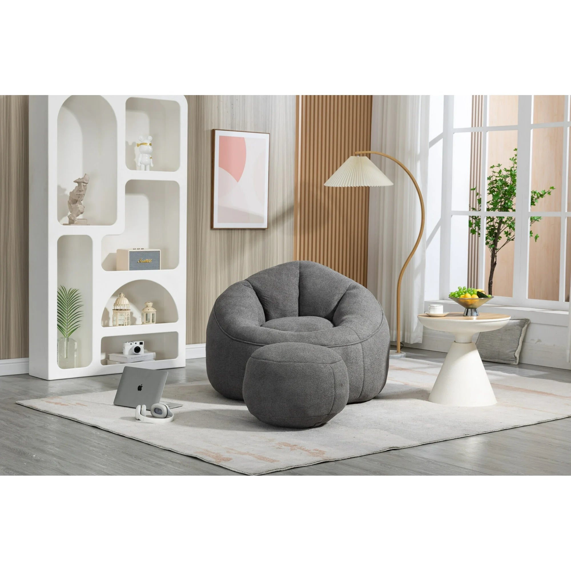 Bean Bag Chair with Ottoman,High Pressure Foam Bean Bag Chair for Adult,Lazy Sofa Chair with Padded Foam Padding,Comfortable Accent Chair for Living Room Bedroom Apartment,Grey
