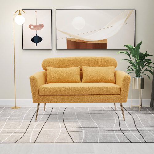 51"W Modern Boucle Loveseat Sofa, Small Mini Room Couch Two-Seater Sofa With 2 Throw Pillows & Gold Metal Legs, Leisure Sofa for Small Space Office Studio Apartment Bedroom, Yellow
