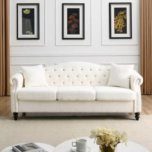 Modern 79" Chesterfield Sofa with Two Pillows, 3 Seater Sofa Tufted Couch with Rolled Arms and Nailhead ,for Living Room, Bedroom, Office, Apartment, WHITE TEDDY