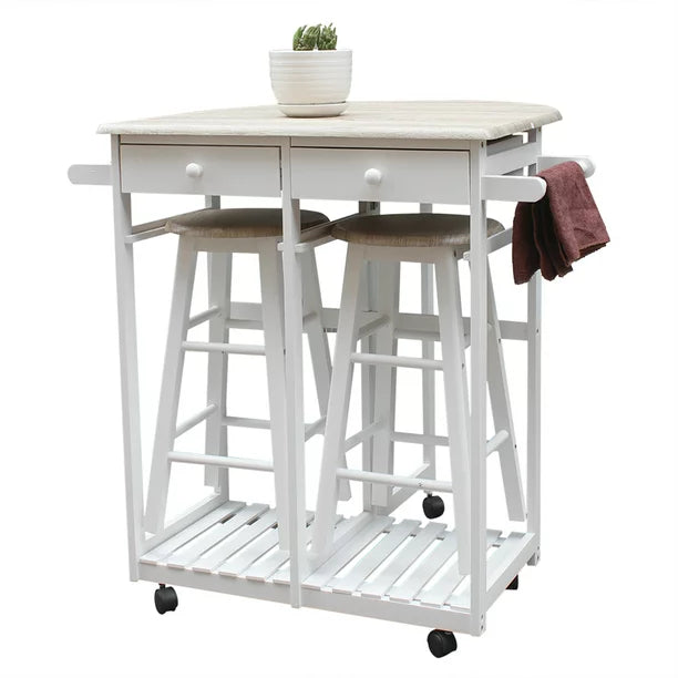 Kitchen Islands Carts, Foldable Semicircle Dining Cart with 2 Round Stools and 2 Drawers, Movable Hand Trucks, Modern Style Dining Table Set with Wooden Handle for Small Spaces, White