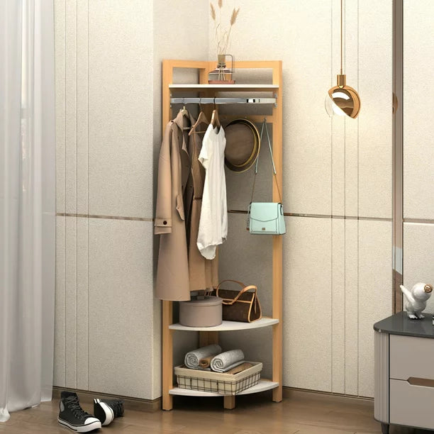 Corner Hall Tree, Wood Corner Floor Shelf with Shoe Bench Entryway Coat Rack with Metal Movable Hooks,Freestanding Clothes Rack Shoes Shelf Organizer for Home Office Bedroom