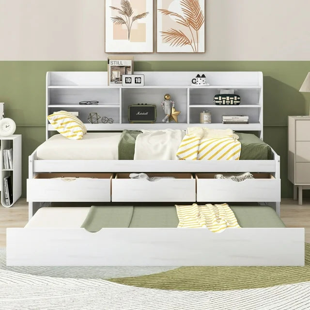 Twin Bed Frames, Bed Frame with Trundle and Built-in Bookshelves, Wooden Captain Bed Twin Size Bed Frames, Storage Bed with Three Storage Drawers for Adults Boys and Girls, White Wash