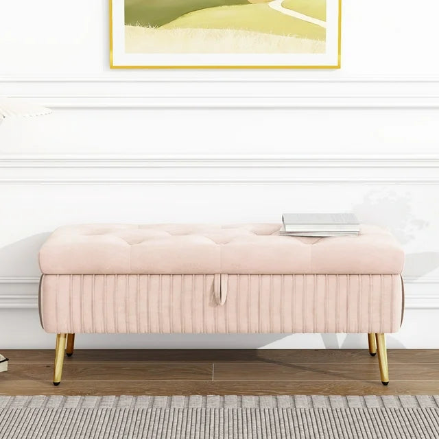 Storage Ottoman, Entryway Storage Bench with Safety Hinge and Metal Legs, 44.5" Flip-Top Ottoman, Upholstered Fabric Footstool End of Bed Bench for Living Room and Bedroom, Support 220lbs