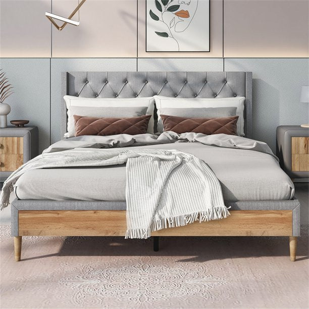 Queen Size Platform Bed Frame, Linen Fabric Upholstered Platform Bed with Button Tufted Headboard, Wood Slats Support, for Adults, Gray