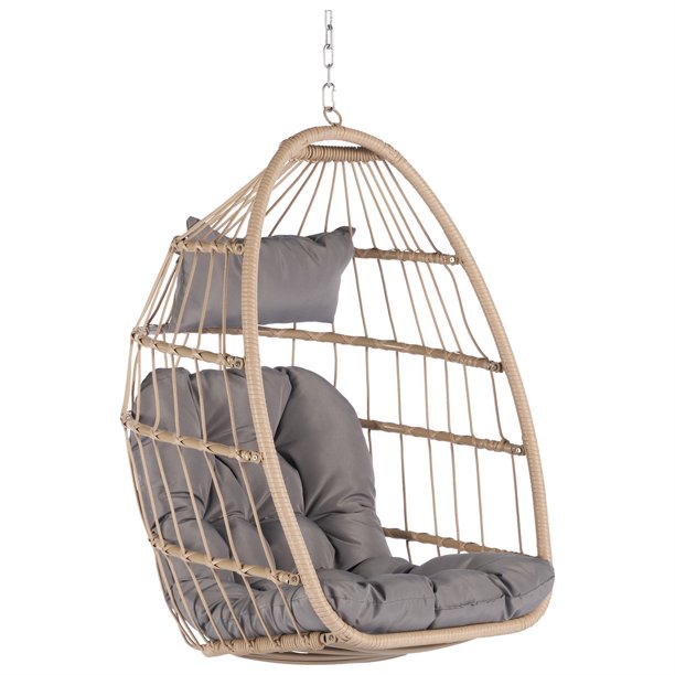 Indoor Outdoor Egg Swing Chair Without Stand,Patio Wicker Rattan Hanging Chair with Cushion,350lbs Capacity,Foldable Swing Chair Hanging Egg Chair,All Weather Foldable Hammock Chair,Light Gray