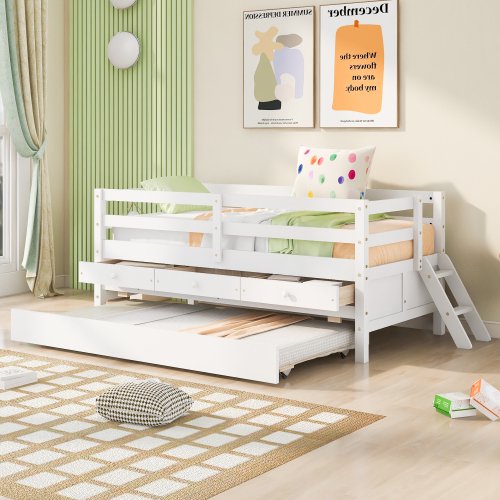 Low Loft Bed with Storage Drawers, Twin Bed with Trundle and Full Safety Fence for Boys Girls Teens, Solid Wood Loft Bed, Twin Bed Frame with Climbing Ladder for Bedroom, No Box Spring Needed, White