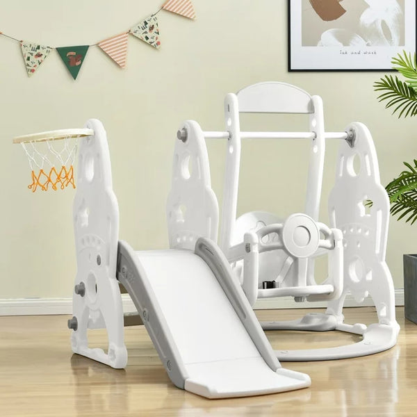 Toddler Slide and Swing Set 3 in 1, Kids Toddler Playground Climber Swing Playset with Safety Belt, 3 Height Adjustable and Basketball Hoops Freestanding Swing and Slide Set Indoor&Outdoor, Gray