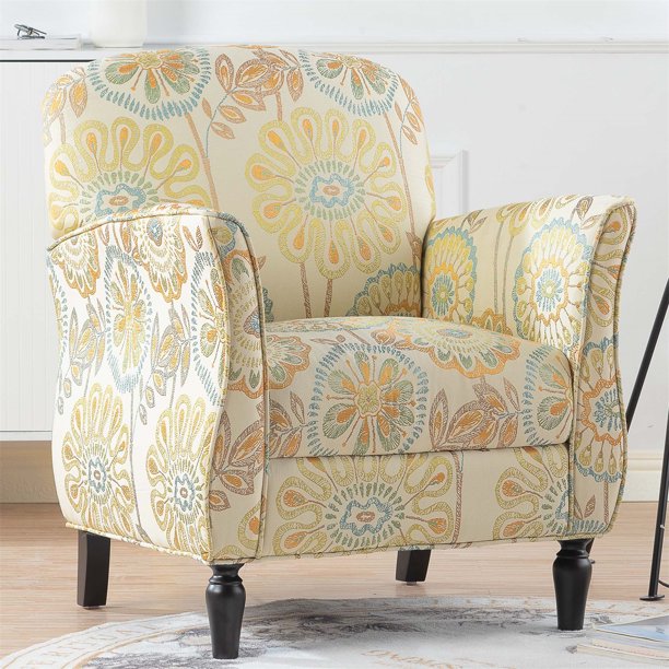 Accent Chairs, Single Sofa Chairs Upholstered Fabric Armchair with Gourd Shape Tapered Birch Wood Legs, Floral Pattern Armchair Comfy Reading Chair for Living Room Bedroom, Beige