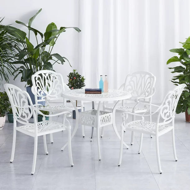 5PCS Outdoor Furniture Dining Table Set All-Weather Cast Aluminum Patio Furniture Includes 1 Round Table and 4 Chairs with Umbrella Hole for Patio Garden Deck, Lattice Weave Design ,WHITE COLOR