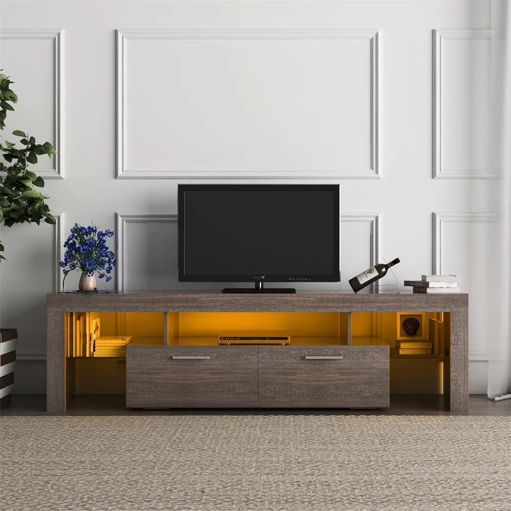 Modern LED TV Stand TV Cabinet Fit Up to 70 inch TV, TV Cabinet with 2 Large Storage Drawer, Floor TV Wall Cabinet, Entertainment Center Media Console, 20 Minutes Quick Assembly, Brown