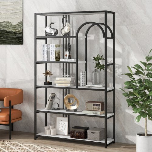 6 Tier Bookcase, Metal Bookshelf Rustic Vintage Industrial Etagere Bookcase, Home Office Bookcase Open Bookshelf Storage Large, Black+White