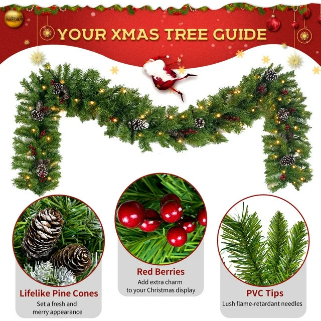 Pre-Lit Xmas Tree Artificial Christmas 4-Piece Set, Christmas Garland, Christmas Decor Wreath and Set of 2 Entrance Trees with LED Lights for Porch, Entrance, Holiday Decor,Green
