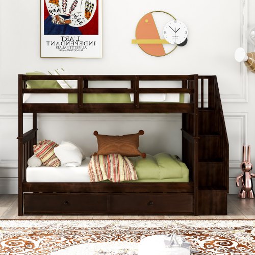 JINS & VICO Bunk Bed, Twin Over Twin Bunk Bed Frame with Trundle, Storage Stairs and Full-length Guardrail, 3-in-1 Bunk Beds for Kids Adults Bedroom Dorm, Space Saving, Easy Assembly, Gray