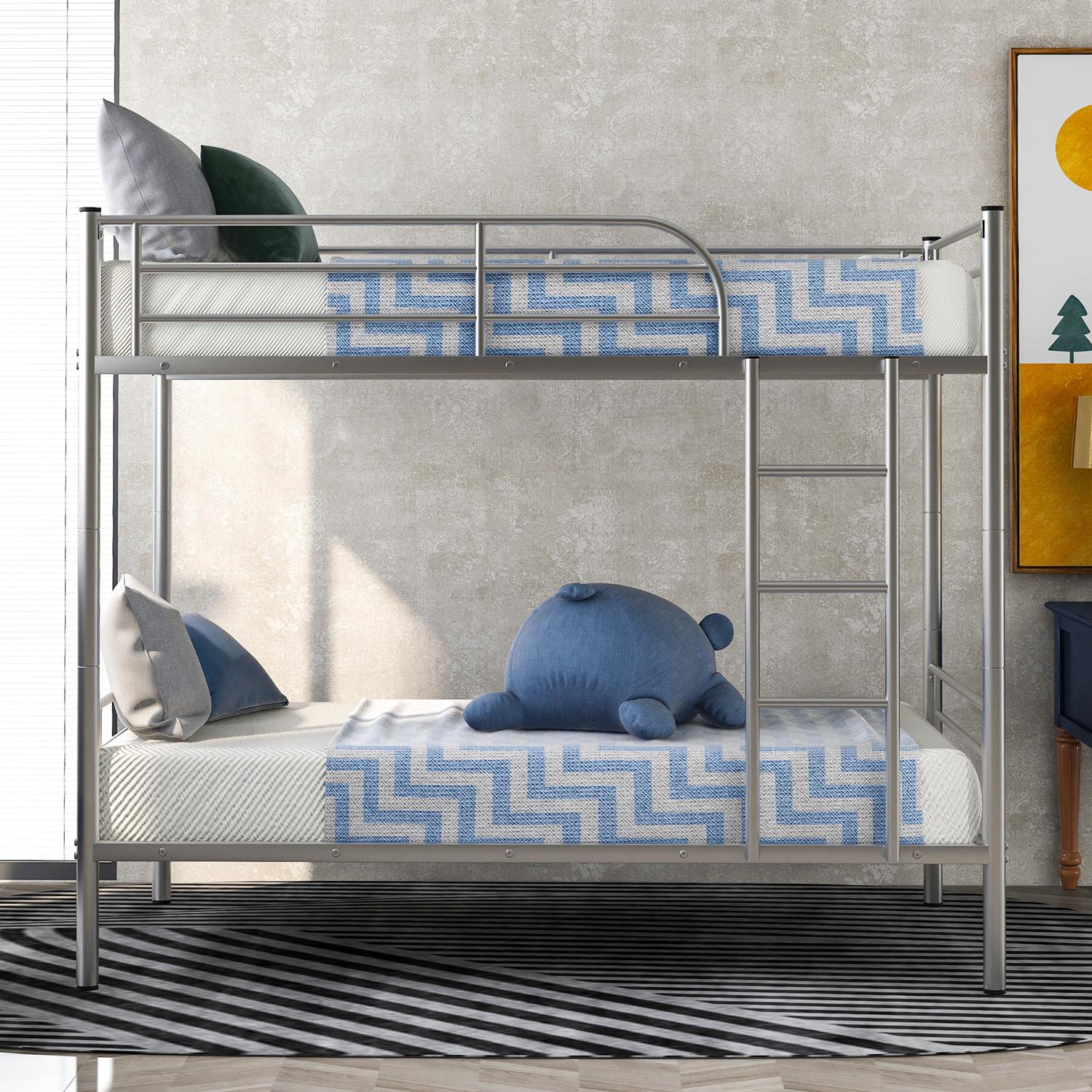 Detachable Twin Over Twin Bunk Bed, Heavy Duty Metal Floor Bunk Bed with Ladder and Guardrails for Kids Teens Bedroom Small Spaces, No Box Spring Needed, Separate to 2 Twin Beds, Silver