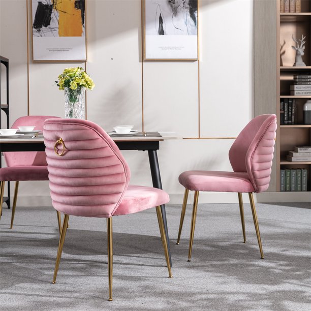 Modern Dining Chair Set of 2, Upholstered Velvet Accent Chair with Ring Ring Pull and Barrel Backrest, Side Chairs for Dining Room, Living Room, Bedroom, Guest Room, Pink