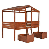 Twin Size Low Loft Bed with 2 Storage Drawers, House Shaped Loft Bed with Roof and Windows, Wood Playhouse Bed for Kids Boys Girls, No Box Spring Needed, Walnut