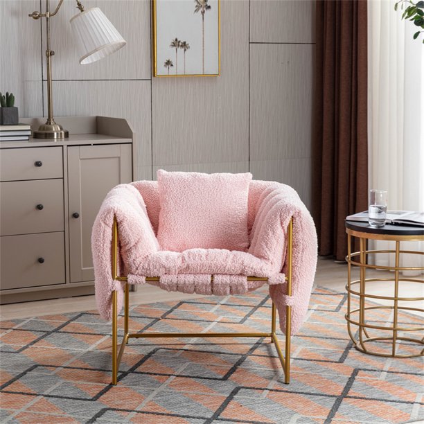 Sling Accent Chair with Metal Frame, Modern Upholstered Armchair with Shredded Foam Cushioning, Comfy Lounge Chair Single Sofa Chair for Living Room, Bedroom and Office, Teddy Pink