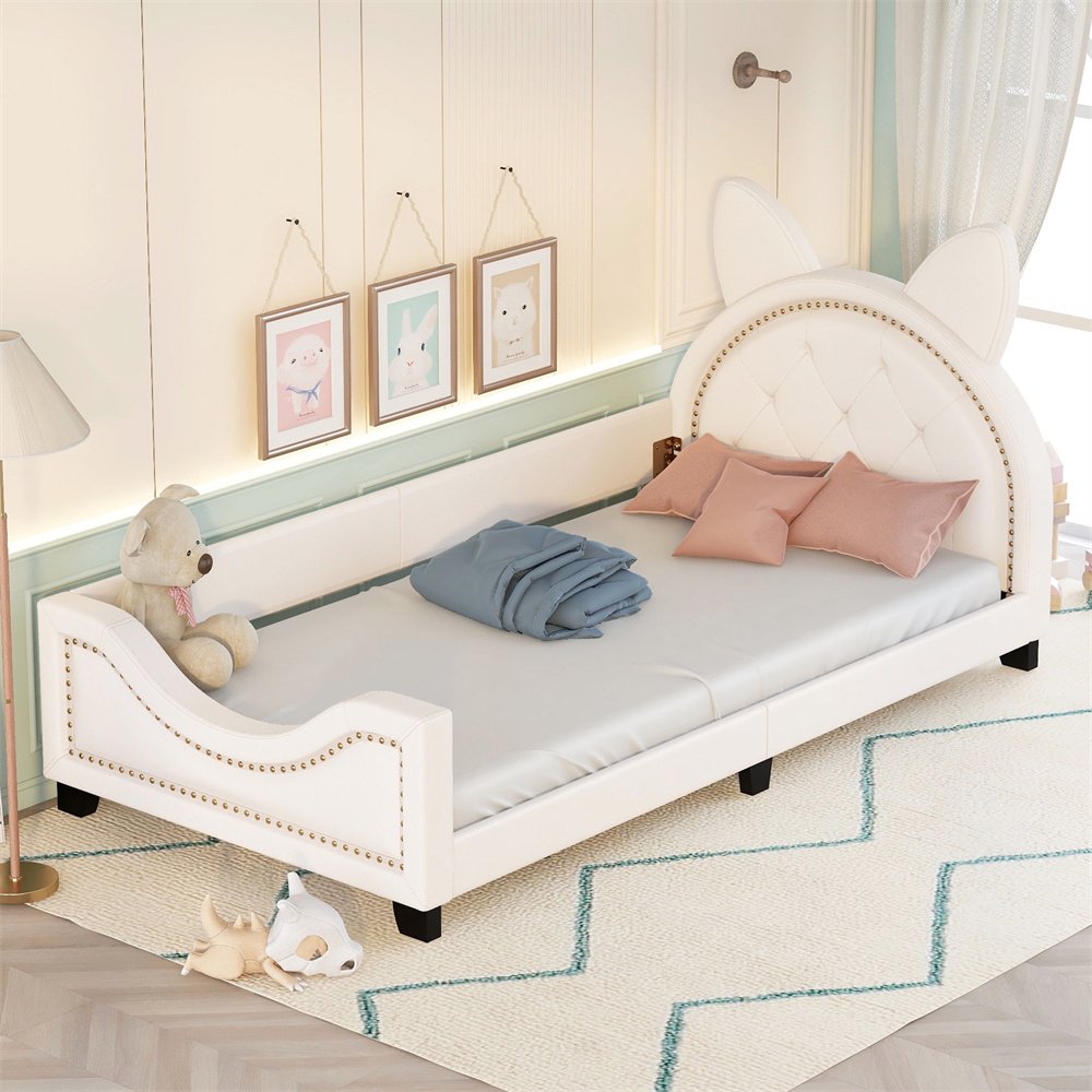 PU Leather Daybed with Carton Ears Shaped Headboard and Nail Head Trim, Twin Size Platform Bed Frame for Girls Boys, Upholstered Sofa Bed for Bedroom Living Room, White