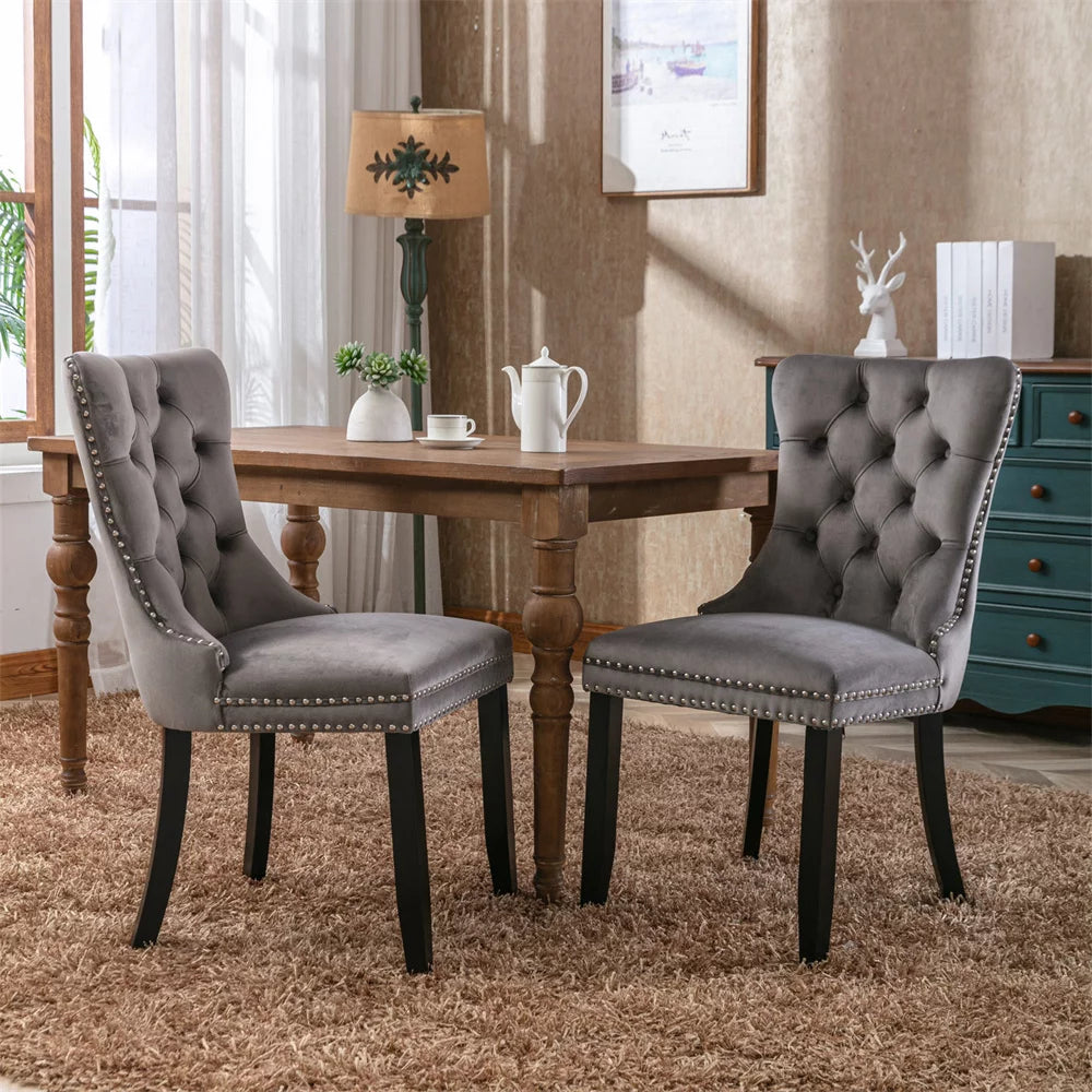 Velvet Upholstered Dining Chairs Set of 2 Modern High-end Button-Tufted Side Parsons Dining Chair with Nailhead Trim & Pull Ring Wingback Armless Bar Chairs with Solid Wood Legs for Kitchen Dark Gray