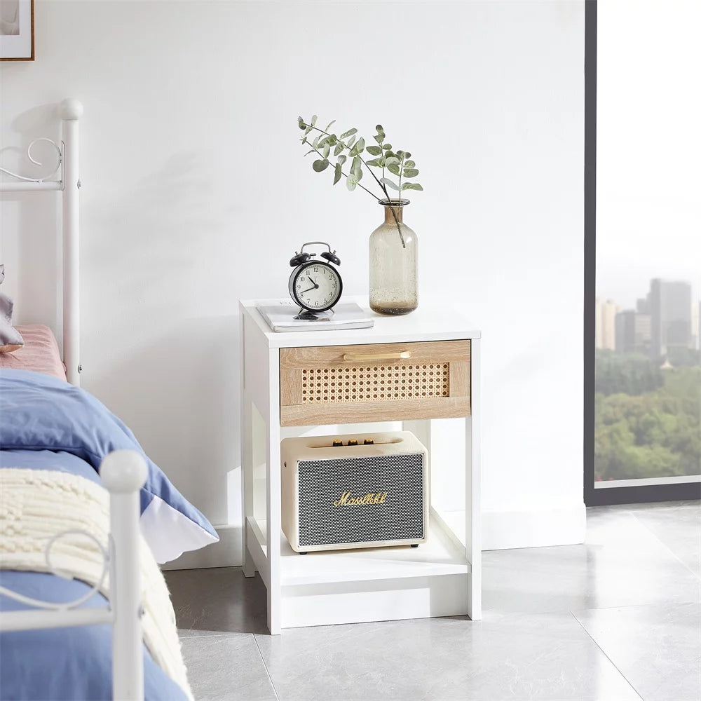 Rattan Drawer Nightstand, Modern End Table Side Table with Woven Pattern Drawer and Storage Shelf, Rustic Style Accent Storage Cabinet for Bedroom Living Room, White