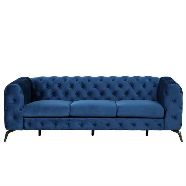 Velvet 3 Seater Sofa Couch, Upholstered 3-seat Sofa Bed Arm Couch with Button Tufted Back & Metal Legs, 3-Person Tufted High Back Sofa Leisure Couch Club Sofa for Living Room Apartment Office, Blue