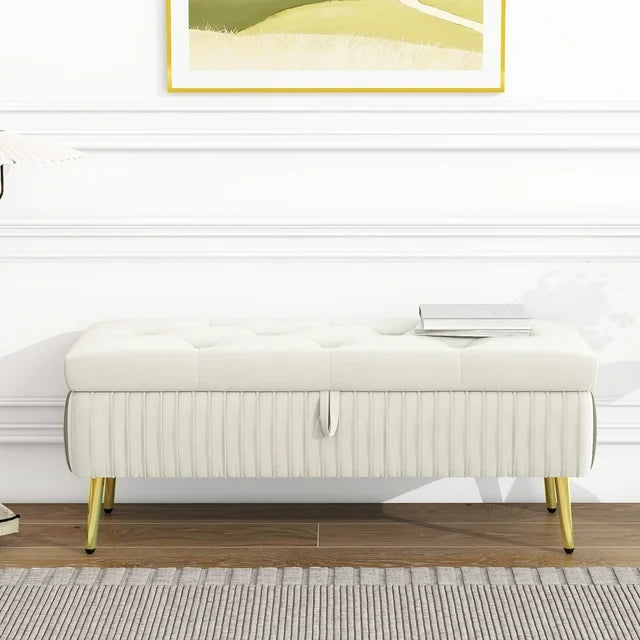 Storage Ottoman Bench, 44.5 inch Button-Tufted Ottoman with Safety Close Hinge, Upholstered Large Storage Bench for Living Room, Entryway, Hallway, Foot Rest, Solid Wood Frame, Support 220lbs, Beige