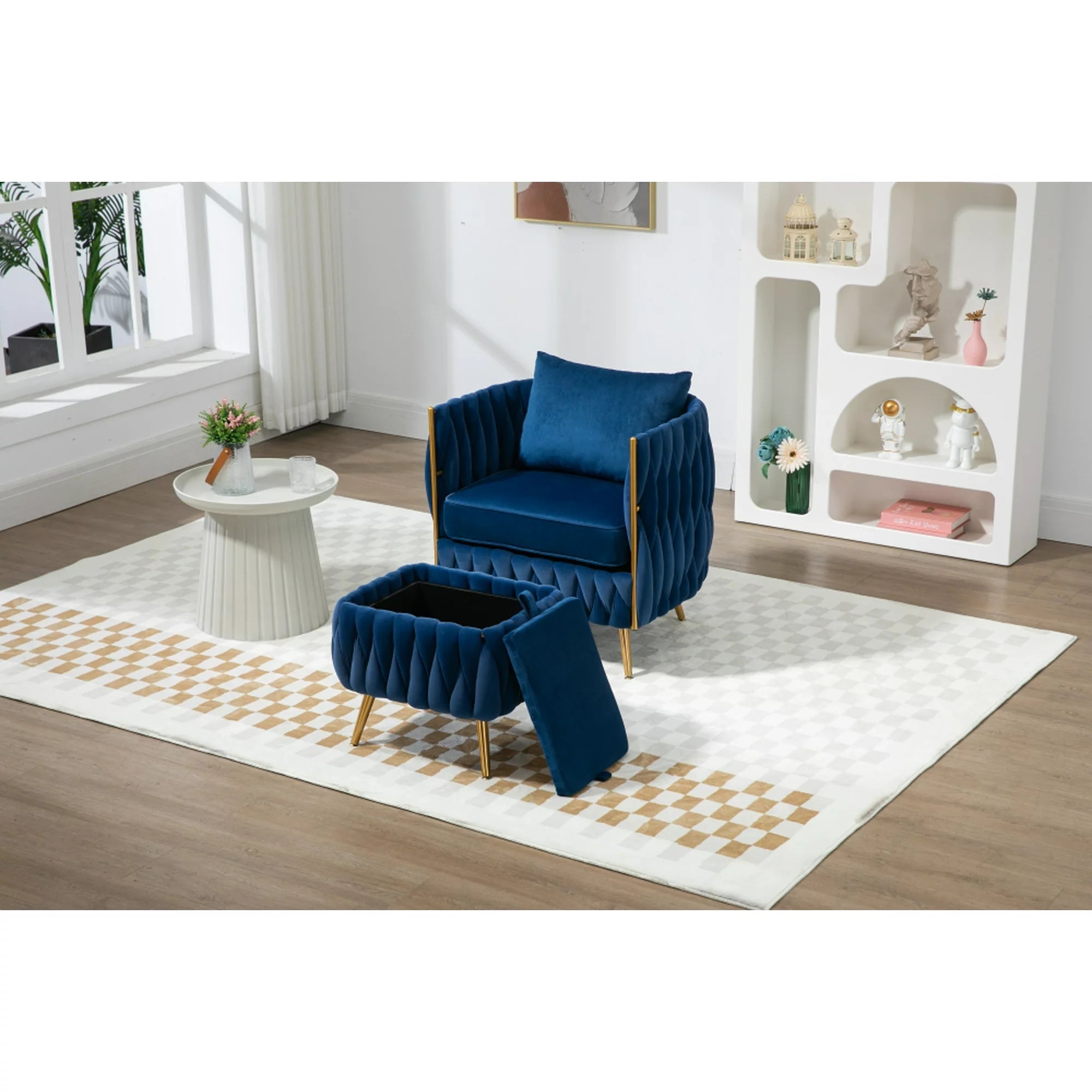 Accent Barrel Chair with Storage Ottoman, Modern Velvet Upholstered Armchair with Tufted Backrest and Metal Legs, Single Lounge Chair with Stool Set for Living Room, Bedroom, Navy