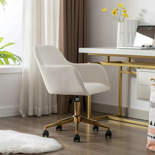 Modern Swivel Home Office Chair, Cute Mid-Back Velvet Upholstered Computer Desk Chair Armchair with Gold Metal Legs and Universal Wheels, Adjustable Height 360 Swivel Vanity Task Chair, Ivory