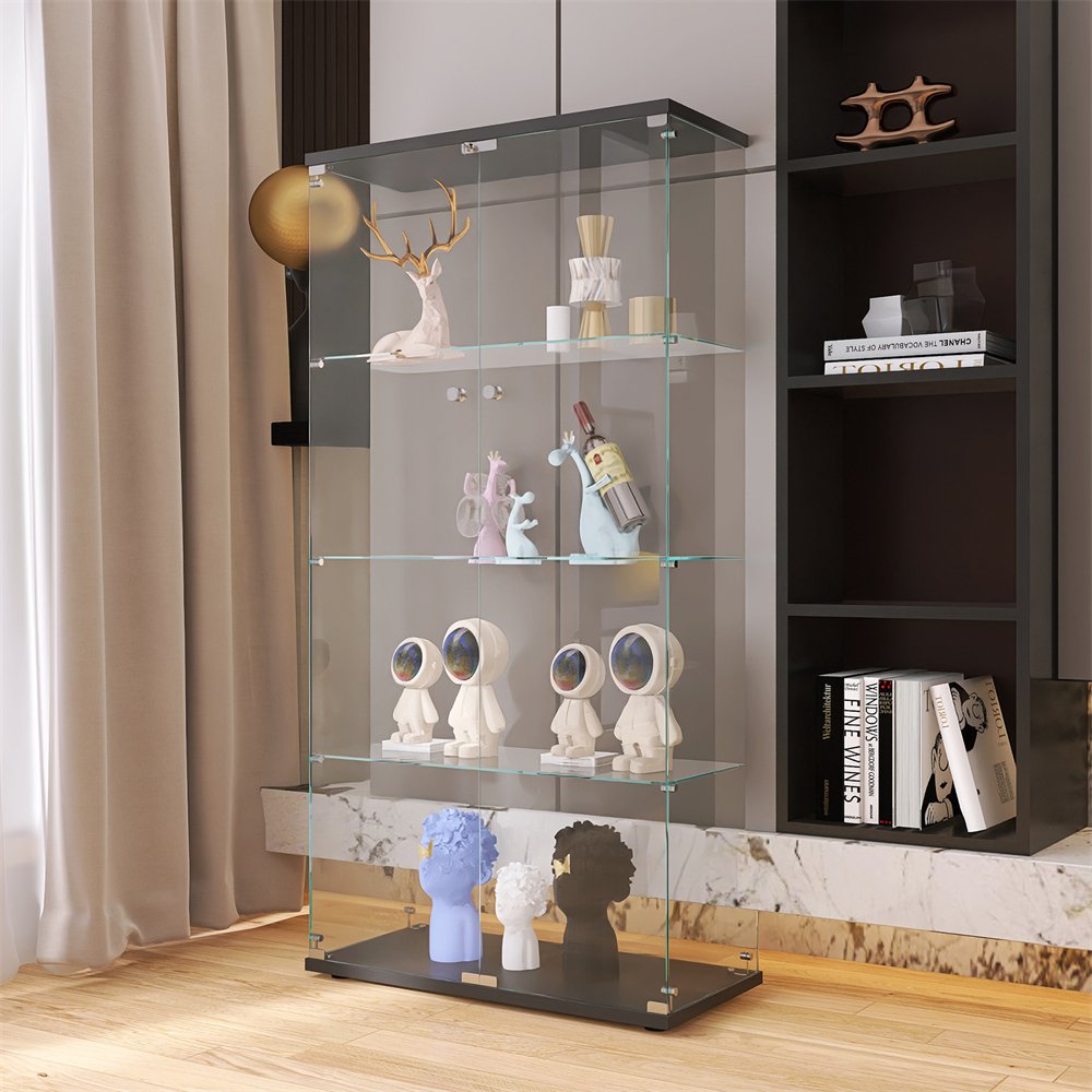 Two-door Glass Display Cabinet 4 Shelves with Door, Floor Standing Curio Cabinet Bookshelf, Tempered Glass Storage Organizer for Living Room, Bedroom and Office, 64.56” x 31.69”x 14.37”, Black