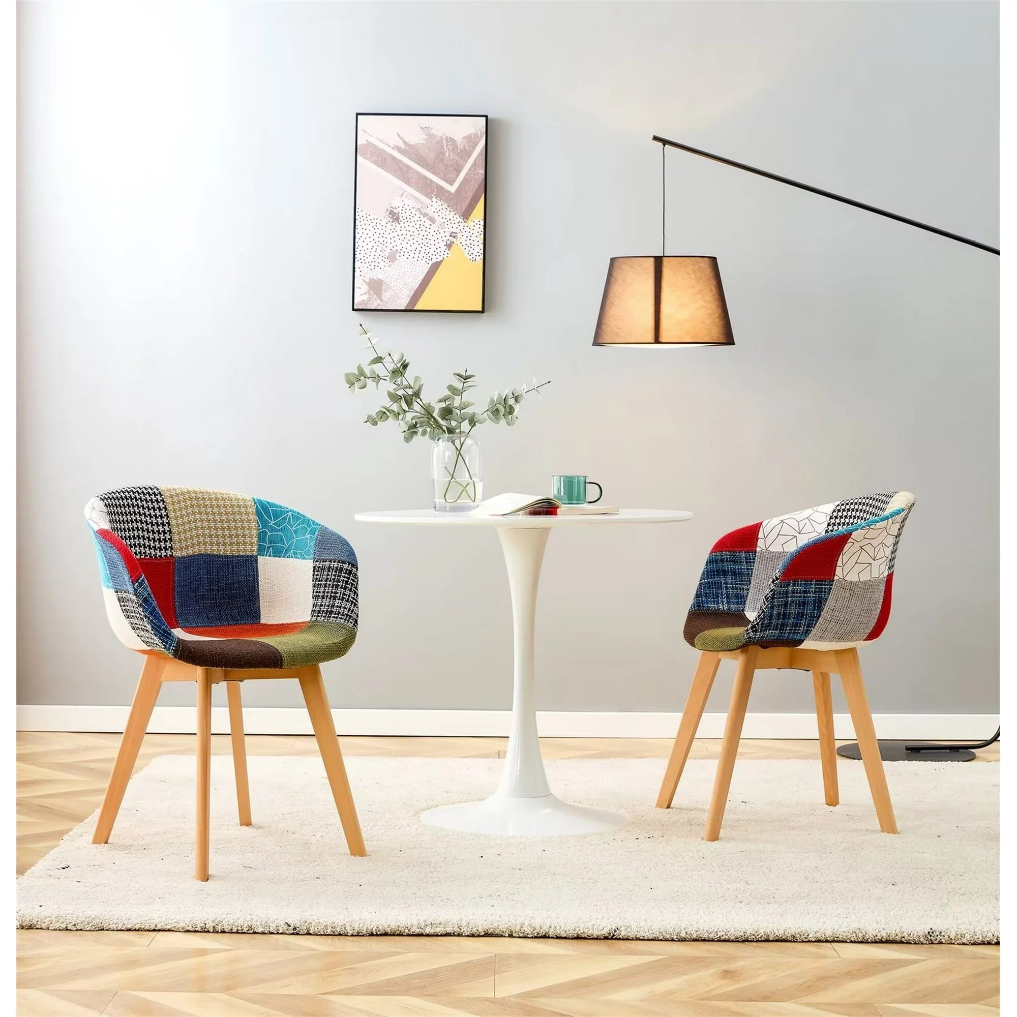 Set of 2 Dining Chairs, Modern Upholstered Accent Chairs with Wood Legs and Curved Backrest, Leisure Chairs Side Chairs with Patchwork Seat for Living Room Dining Room Kitchen, Multi-color