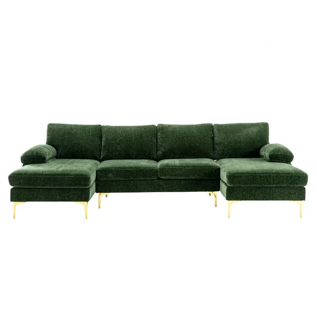 U-Shaped Sectional Sofa, Modern Large Accent Sofa, 110" Extra Wide 4-6 Seats Sofa with Chaise Lounge and Golden Legs, Modular Sofa Couches for Living Room Office, (Green)